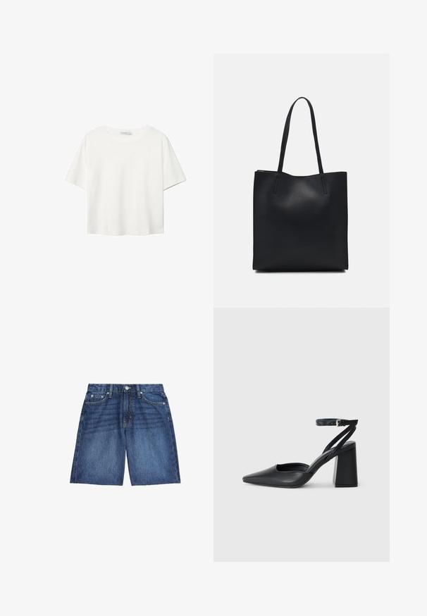 Hvid kortærmet t-shirt lavet af bomuld. Har en rund halsudskæring og en afslappet pasform. Glat tekstur uden synlige mønstre eller detaljer.; Marks & Spencer BERMUDA - Denimshorts - medium indigo; Sort læder spidse pumps med ankelrem og en chunky hæl. Flad tekstur, slankt design og minimalistisk æstetik.; Sort læder tote taske med glat tekstur, rektangulær form og to lange hanke. Ingen synlig hardware eller udsmykninger.