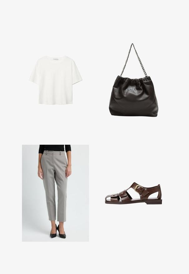 Witte korte mouwen t-shirt van katoen. Heeft een ronde halslijn en een ontspannen pasvorm. Glad textuur zonder zichtbare patronen of accenten.; Vrouw in lichtgrijze op maat gemaakte broek tot de enkel en zwarte gestructureerde hoge hakken tegen een effen achtergrond.; Bruine leren sandaal met een uitgesneden ontwerp, verstelbare zijkliks en platte zool, met metalen accenten en open teen.; Bruine leren tas met een geplooide bovenkant en een kettinghengsel. Glad textuur met een glanzende afwerking en subtiele naaddetails aan de zijkanten.
