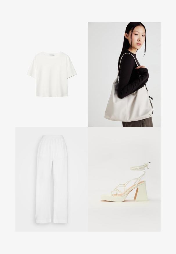 White short-sleeve t-shirt made of cotton. Features a crew neckline and a relaxed fit. Smooth texture with no visible patterns or accents.; White, wide-leg trousers made of lightweight, textured fabric with an elastic waistband. Features a loose fit with straight legs and no pockets.; White high-heeled sandal with a chunky heel, featuring a strappy design and ankle tie. Smooth texture with a platform front for added height.; Beige handbag made of soft material, featuring a slouchy design, stitched detailing, and two shoulder straps. Suitable for everyday use.