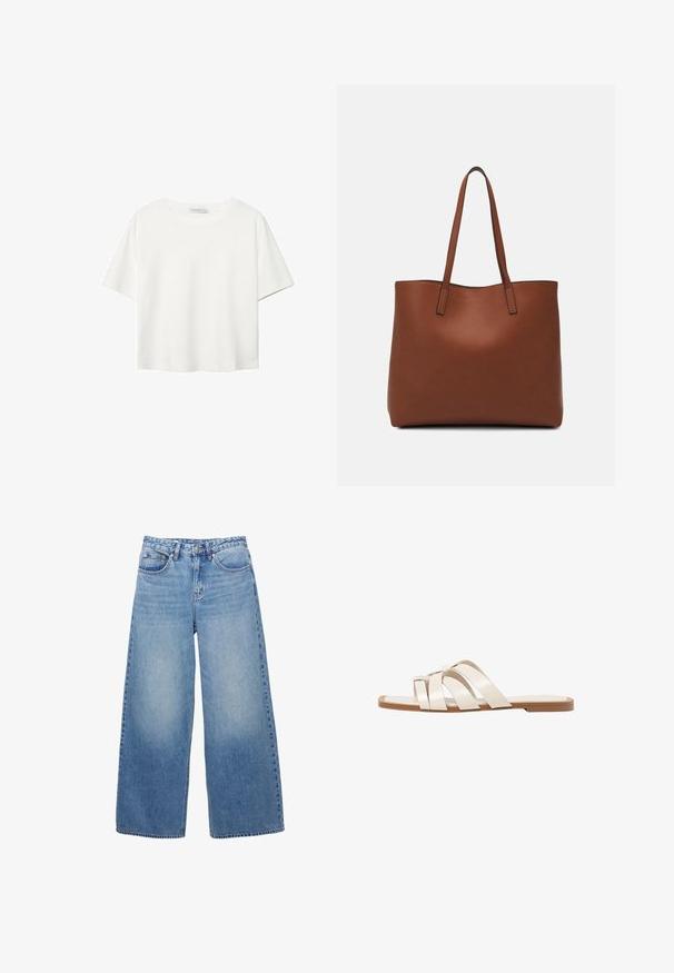 Bijela majica kratkih rukava od pamuka. Ima okrugli izrez i opušteni kroj. Glatka tekstura bez vidljivih uzoraka ili naglasaka.; Svijetloplave traperice širokih nogavica. Imaju zatvaranje na gumb i patentni zatvarač, ušice za remen te prednje i stražnje džepove.; Ravne sandale s smeškom od gume, dizajnirane s tri preklapajuće bele kožne trake i malim detaljem mašne u sredini.; Smeđa kožna torba preko ramena s glatkom teksturom, otvorenim vrhom i dvjema naramenicama. Ima minimalne šavove i nema vidljivog hardvera.