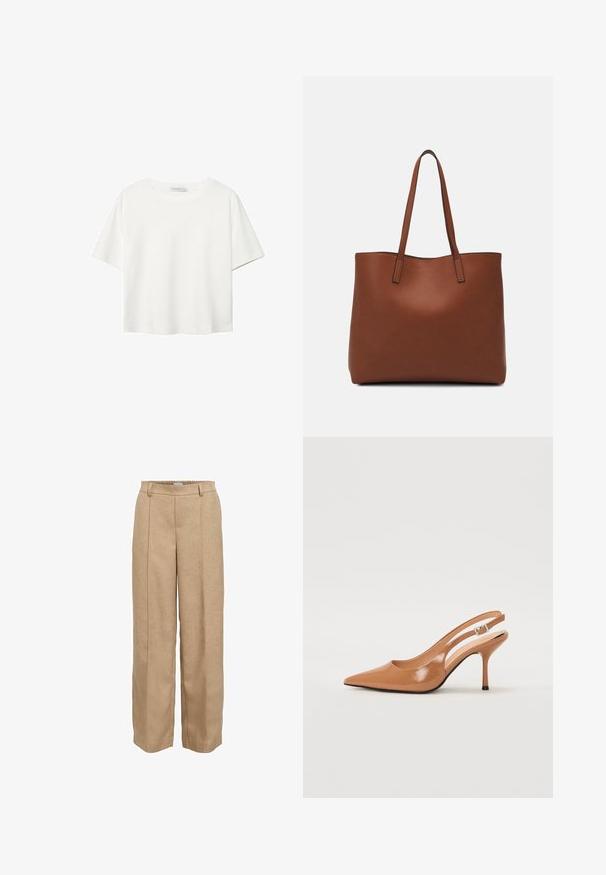 T-shirt bianco a maniche corte realizzato in cotone. Presenta un collo tondo e una vestibilità rilassata. Texture liscia senza motivi o dettagli visibili.; Pantaloni beige a gamba larga realizzati in tessuto testurizzato. Presentano un elastico in vita e due pieghe frontali per un tocco di stile in più.; Tacco slingback a punta affusolata in un materiale tan liscio e lucido. Presenta un design con ritaglio curvo e un sottile tacco a stiletto. Dettaglio con fibbia argentata.; Borsa tote in pelle marrone con texture liscia, design con apertura superiore e due spallacci. Presenta cuciture minime e nessun hardware visibile.