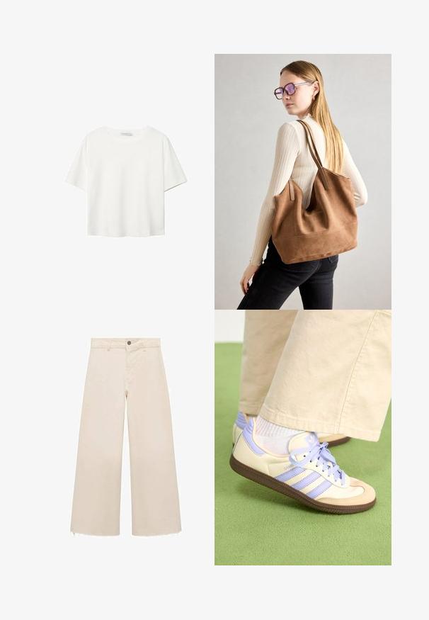 Biała koszulka z krótkim rękawem, wykonana z bawełny. Posiada okrągły dekolt i luźny krój. Gładka faktura bez widocznych wzorów czy akcentów.; Spodnie o szerokich nogawkach w jasnym beżowym kolorze z bawełny, z zapięciem na guzik, subtelnym postrzępionym dołem oraz luźnym krojem.; Kremowe i lawendowe trampki z trzema paskami oraz teksturowaną brązową podeszwą, wyposażone w sznurówki i wyścieloną piętę. Górna część z miękkiego materiału.; Brązowa torebka typu tote wykonana z zamszu o miękkiej teksturze, z dużym otwarciem i długimi paskami. Charakteryzuje się prostym designem z widocznymi szwami i bez elementów metalowych.