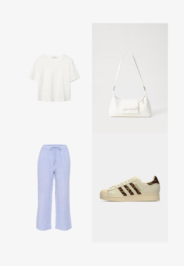 Weißes T-Shirt mit kurzen Ärmeln aus Baumwolle. Hat einen Rundhalsausschnitt und eine lockere Passform. Glatte Textur ohne sichtbare Muster oder Akzente.; Blaue und weiße gestreifte Hose aus leichtem Stoff, mit einem elastischen Bund und Kordelzug sowie geradem Bein.; Off-white Adidas Superstar Sneaker mit Leopardenmuster-Streifen und Fersenklappe, beiger Gummischalenzehen und "SUPERSTAR"-Text an der Seite.; Weiße synthetische Handtasche in dreieckiger Form, flache Vorderklappe und Schleifendetail, verstellbarer Trageriemen, glatte Textur und minimalistisches Design.