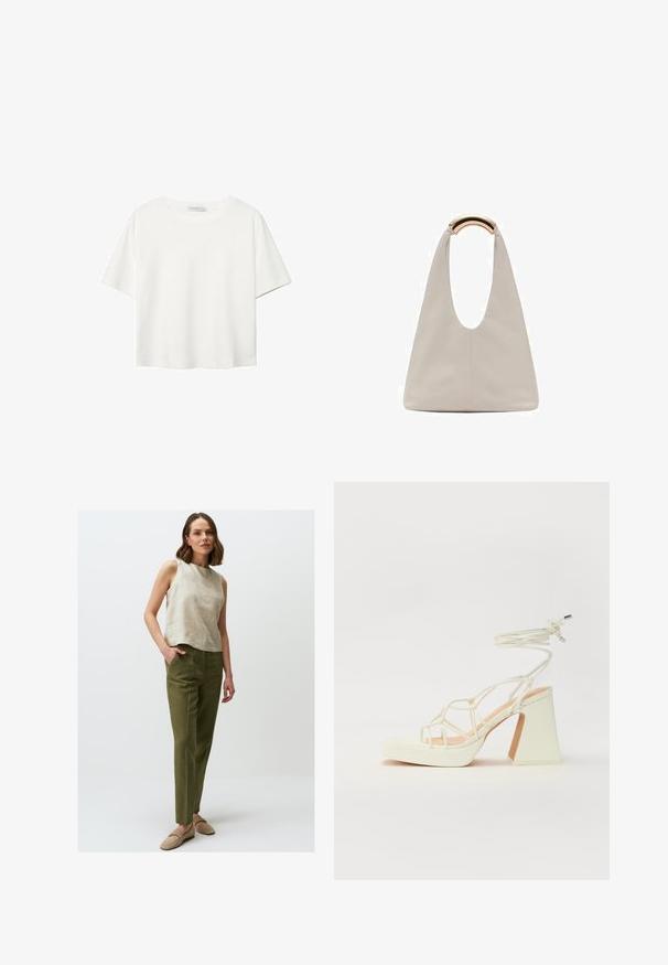 T-shirt bianco a maniche corte realizzato in cotone. Presenta un collo tondo e una vestibilità rilassata. Texture liscia senza motivi o dettagli visibili.; Top senza maniche in lino beige con scollo rotondo, abbinato a pantaloni dritti verdi. Il modello indossa scarpe slip-on beige chiaro.; Sandalo bianco con tacco alto, caratterizzato da un design a cinturini e un legaccio alla caviglia. Texture liscia con una piattaforma frontale per un'altezza aggiuntiva.; Borsa in pelle grigio chiaro con design a forma di U e manico metallico curvo. Texture liscia con cuciture minime e senza motivi visibili.