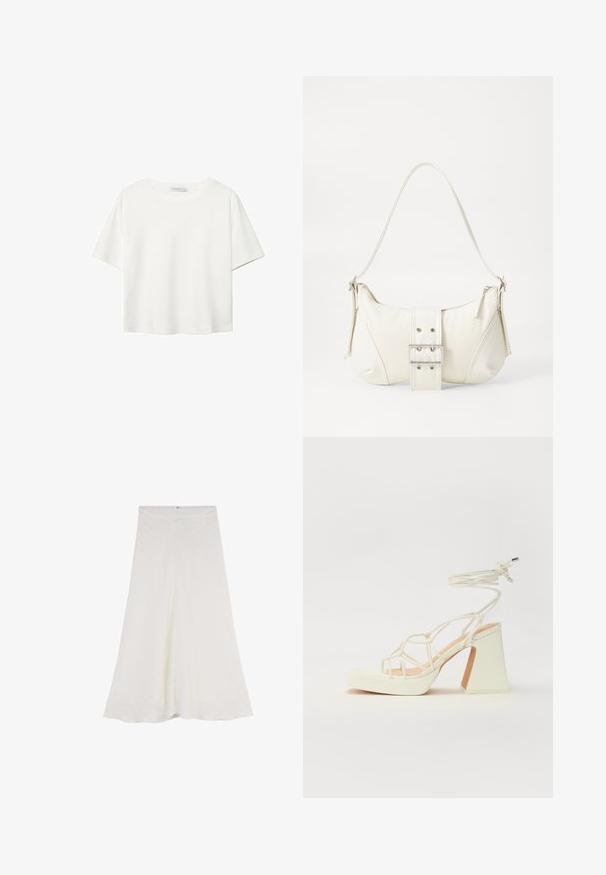 Hvid kortærmet t-shirt lavet af bomuld. Har en rund halsudskæring og en afslappet pasform. Glat tekstur uden synlige mønstre eller detaljer.; En hvid, mellemlang nederdel lavet af tekstureret stof, med en udvidet design og en skjult lynlås i ryggen til lukning.; Hvide højhælede sandaler med en kraftig hæl, der har et stropdesign og ankelbinding. Glat tekstur med en platform foran for ekstra højde.; Hvid skuldertaske med en tekstureret overflade, et centralt spænde og en buet form. Lynlåslukninger på begge sider.