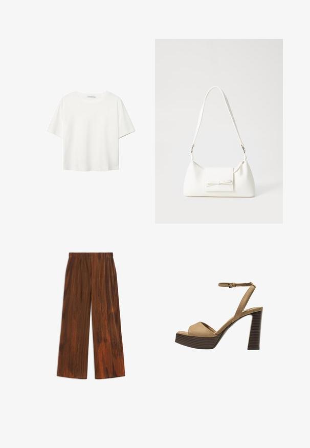 Weißes T-Shirt mit kurzen Ärmeln aus Baumwolle. Hat einen Rundhalsausschnitt und eine lockere Passform. Glatte Textur ohne sichtbare Muster oder Akzente.; Braune weit geschnittene Hose mit plissierter Textur, die vertikale Streifen und eine weiche Oberfläche aufweist. Elastischer Taillenbund für zusätzlichen Komfort.; Beige Wildleder-Pumps mit hohem Absatz, breitem Vorderband und Knöchelriemen, ausgestattet mit einem klobigen Holzblockabsatz mit strukturiertem Finish.; Weiße synthetische Handtasche in dreieckiger Form, flache Vorderklappe und Schleifendetail, verstellbarer Trageriemen, glatte Textur und minimalistisches Design.