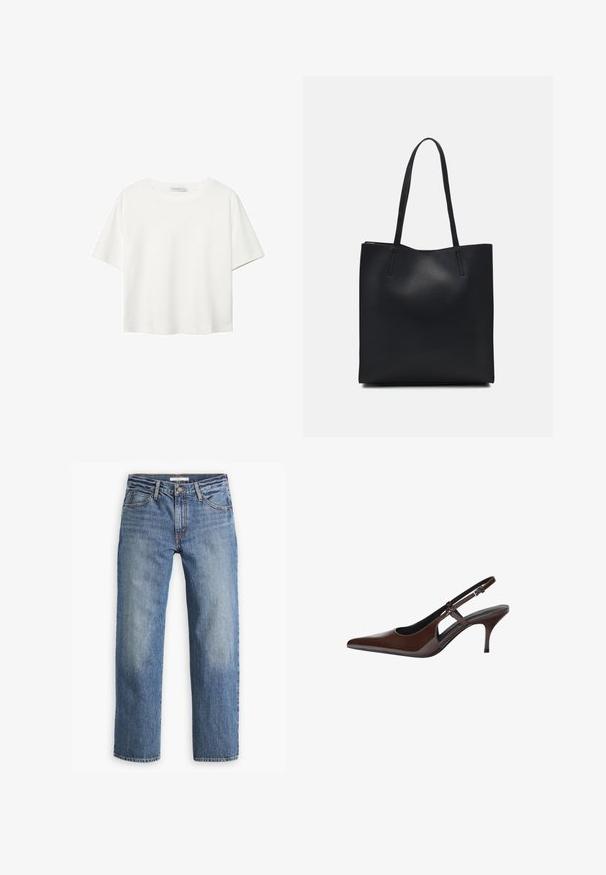 Bílý krátký rukáv tričko vyrobené z bavlny. Má kulatý výstřih a volný střih. Hladký materiál bez viditelných vzorů nebo akcentů.; Světle modré džíny z denimu, rovný střih, střední pas, pět kapes, tónová nit a knoflíkový zip.; Hnědé lakované kožené lodičky na podpatku s špičatou špicí, otevřenými výřezy a tenkým podpatkem. Disponují nastavitelným páskem se sponou.; Černá kožená taška přes rameno s hladkým povrchem, obdélníkovým tvarem a dvěma dlouhými uchy. Žádné viditelné kování ani ozdoby.