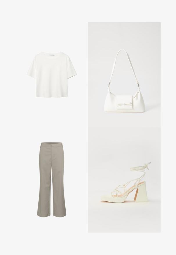 T-shirt bianco a maniche corte realizzato in cotone. Presenta un collo tondo e una vestibilità rilassata. Texture liscia senza motivi o dettagli visibili.; Pantaloni beigi a vita corta con design a gamba dritta, realizzati in un tessuto liscio. Presentano una tasca frontale e una finitura pulita in vita.; Sandalo bianco con tacco alto, caratterizzato da un design a cinturini e un legaccio alla caviglia. Texture liscia con una piattaforma frontale per un'altezza aggiuntiva.; Borsa sintetica bianca a forma triangolare, con patta anteriore piatta e dettaglio a fiocco, tracolla regolabile, texture liscia e design minimalista.