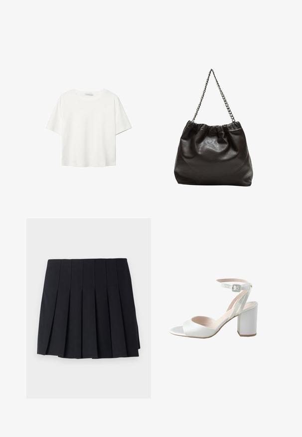 Valkoinen lyhythihainen T-paita, joka on tehty puuvillasta. Siinä on pyöreä kaula-aukko ja rento malli. Silkkinen pinta ilman näkyviä kuvioita tai koristeita.; Mustat pleidatut hameet, joka on valmistettu pehmeästä kankaasta. Ominaisuuksiin kuuluvat pystysuorat saumat ja joustava vyötärönauha mukavuutta varten. Keskivartalon pituus, minimalistinen muotoilu.; Valkoiset korkeakorkoiset sandaalit, joissa on kiiltävä satiini päällinen, leveä paksu korko ja nilkkaremmi, jossa on pieni solki. Pintakuvio on sileä ja suunnittelu yksinkertainen.; Ruskea nahkainen laukku, jossa on kerätty yläosa ja ketjuhihna. Tasainen pinta, jossa kiiltävä viimeistely ja hienovaraiset sauman yksityiskohdat sivuilla.
