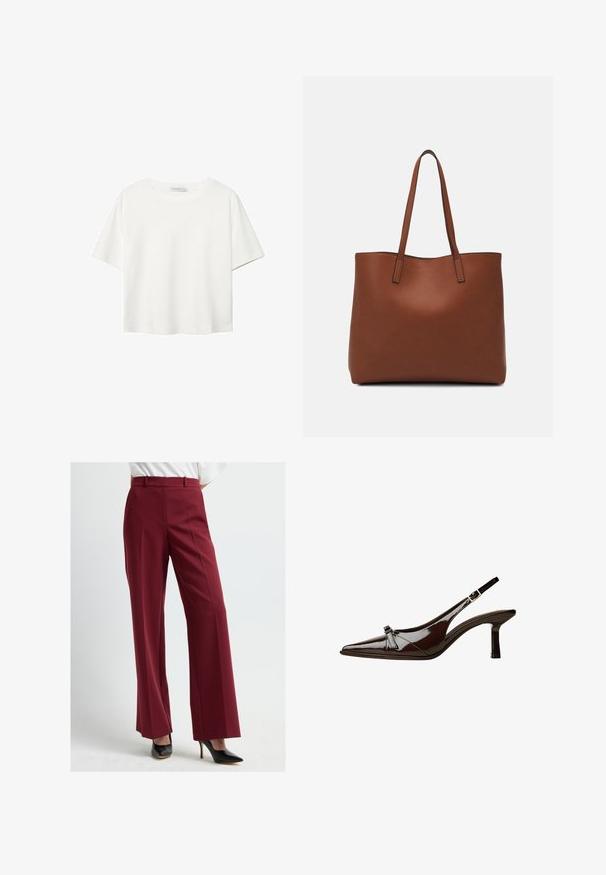 Valkoinen lyhythihainen T-paita, joka on tehty puuvillasta. Siinä on pyöreä kaula-aukko ja rento malli. Silkkinen pinta ilman näkyviä kuvioita tai koristeita.; Burgundy leveät housut, joissa on sileä rakenne, korkea vyötärö ja etupuolueet, yhdistettynä mustiin korkokenkiin.; Ruske patenttimuoviset slingback-kengät, joissa on terävä kärki, matala korko ja koristeellinen kaarroke etuosassa. Sileä, kiiltävä pinta.; Ruskea nahkainen olkalaukku, jossa on sileä pinta, avoin yläosa ja kaksi olkahihnaa. Omaavat vain minimaalisen ompelun eikä näkyvää metalliosaa.