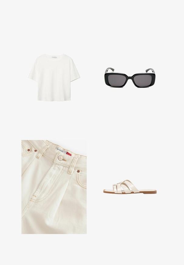 Bijela majica kratkih rukava od pamuka. Ima okrugli izrez i opušteni kroj. Glatka tekstura bez vidljivih uzoraka ili naglasaka.; Traperice krem boje ravnog kroja, s mjedenim detaljima, toniranim šavovima i vidljivim bočnim šavovima za strukturu.; Ravne sandale s smeškom od gume, dizajnirane s tri preklapajuće bele kožne trake i malim detaljem mašne u sredini.; Crne pravokutne sunčane naočale s tamnim lećama, glatkim plastičnim okvirom i zakrivljenim državama. Dizajn je masivan s minimalističkom estetikom.; Bijela kožna torbica sa strukturiranim dizajnom, s gornjom drškom i zlatnim kopčanjem. Glatka tekstura i minimalistički detalji.