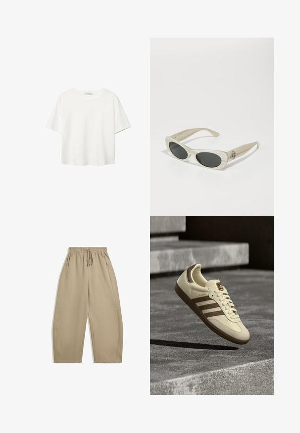 Hvid kortærmet t-shirt lavet af bomuld. Har en rund halsudskæring og en afslappet pasform. Glat tekstur uden synlige mønstre eller detaljer.; Beige, brede bukser lavet af blødt stof, med en elastisk talje og snoretræk samt sidelommer. Glat tekstur, enkelt design.; Sneaker i cremefarve med brune detaljer, teksturerede sidelommer og en glat læderfinish. Har snøredesign og gummisål.; Sunglasses med ovale, mørke linser; letvægts, struktureret cremefarvet stel; har sølvlogo på siden; elegant, moderne design.; Brun stof skuldertaske med en bred, rundet krop og et stort udsnit håndtag. Blød tekstur, minimalistisk design og ingen synlig hardware.