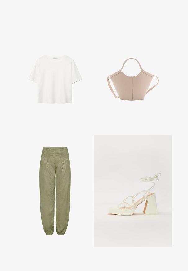 Hvid kortærmet t-shirt lavet af bomuld. Har en rund halsudskæring og en afslappet pasform. Glat tekstur uden synlige mønstre eller detaljer.; Lys olivengrønne, løstsiddende bukser med en smocket talje og elastiske manchetter; lavet af blødt, tekstureret stof.; Hvide højhælede sandaler med en kraftig hæl, der har et stropdesign og ankelbinding. Glat tekstur med en platform foran for ekstra højde.; Lysebrun læderhåndtaske med en unik form, featuring to korte håndtag og et langt justerbart rem. Glat tekstur med minimal hardware.