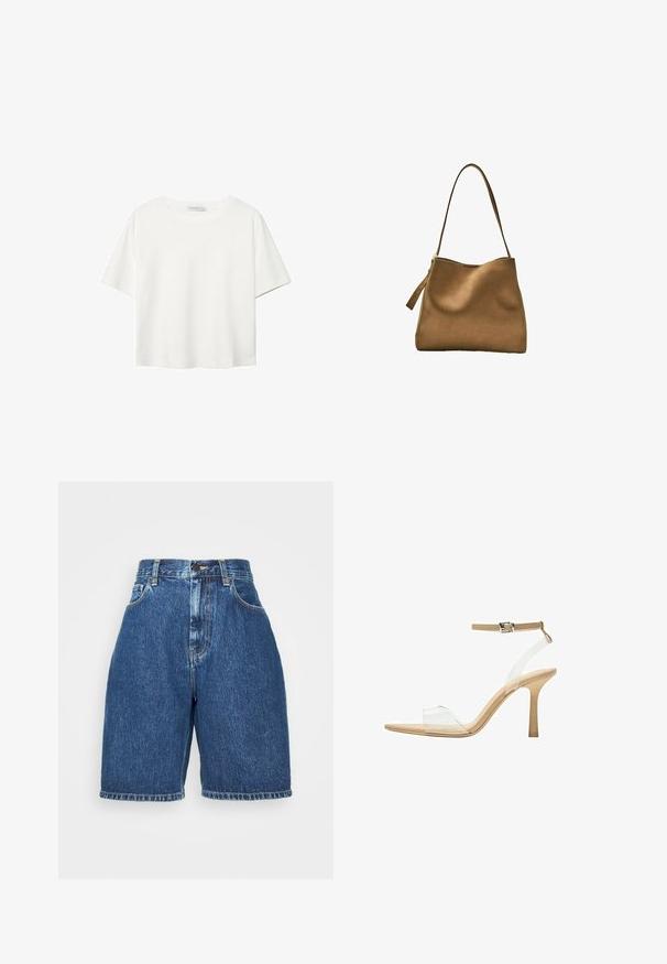 Valkoinen lyhythihainen T-paita, joka on tehty puuvillasta. Siinä on pyöreä kaula-aukko ja rento malli. Silkkinen pinta ilman näkyviä kuvioita tai koristeita.; Tummansiniset korkeavyötäröiset farkkushortit. Ominaisuuksiin kuuluu klassinen viiden taskun tyyli, suora leikkaus ja käänteet. Valmistettu puuvillasta.; Kirkas korkokenkä läpinäkyvällä varrella, beigellä pohjalla ja hoikalla nilkkahihnalla. Ominaisuuksiin kuuluu terävä kärki ja ohut korkea korko.; Ruskea mokkasuede-käsilaukku, jossa on sileä pinta, kaareva yläosa ja pitkä, litteä olkahihna. Toisella puolella on vetoketjun nyöri.