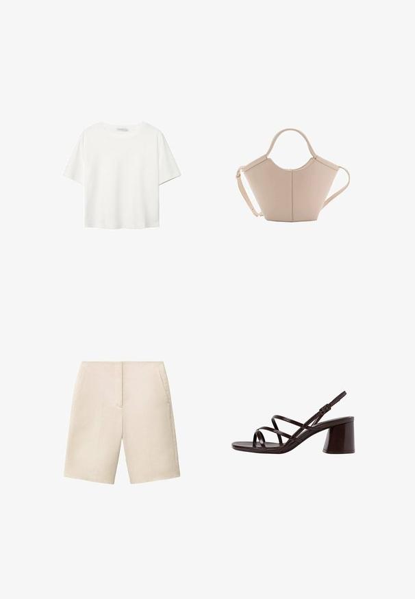 Biela krátkopsová tričko vyrobené z bavlny. Má okrúhly výstrih a voľný strih. Hladká textúra bez viditeľných vzorov alebo akcentov.; Béžové ľanové šortky s rovný predným dielom, dvoma bočnými vreckami a dĺžkou po kolená, s hladkou textúrou a prispôsobeným dizajnom.; Hnedé sandále na vysokom opätku s hrubým opätkom, s hladkým a lesklým povrchom a viacerými krížovými pásikmi na hornej časti.; Béžová kožená kabelka s unikátnym tvarom, vybavená dvoma krátkymi uchami a jedným dlhým nastaviteľným popruhom. Hladký povrch s minimálnym kovovým príslušenstvom.