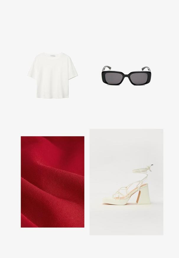 T-shirt bianco a maniche corte realizzato in cotone. Presenta un collo tondo e una vestibilità rilassata. Texture liscia senza motivi o dettagli visibili.; Tessuto rosso con una texture liscia, caratterizzato da una trama fine e una leggera lucentezza, che mostra dolci pieghe e contorni.; Sandalo bianco con tacco alto, caratterizzato da un design a cinturini e un legaccio alla caviglia. Texture liscia con una piattaforma frontale per un'altezza aggiuntiva.; Occhiali da sole neri rettangolari con lenti scure, montatura in plastica liscia e tempie curve. Il design è voluminoso con un'estetica minimalista.