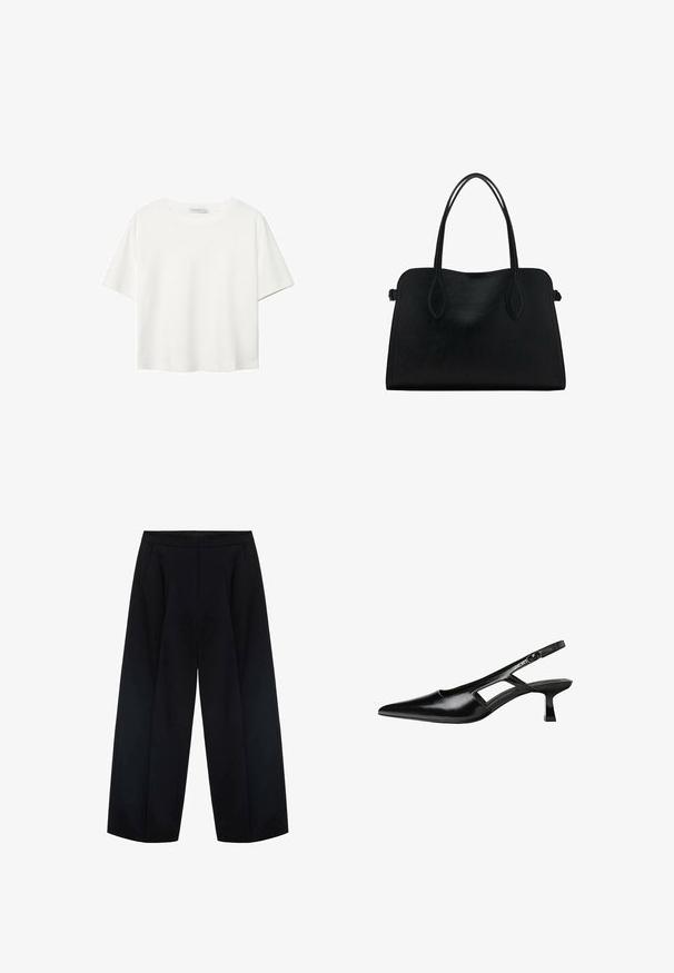 Biela krátkopsová tričko vyrobené z bavlny. Má okrúhly výstrih a voľný strih. Hladká textúra bez viditeľných vzorov alebo akcentov.; Čierne široké nohavice z tkaniny so zvýšeným pásom a dvoma prednými vreckami. Hladká textura s čistými líniami.; Čierne lakované kožené lodičky na podpätku s špicatou špičkou, výrezovým dizajnom na boku a malým štvorcovým podpätkom. Hladký povrch s minimálnymi akcentmi.; Čierna kožená kabelka s dvojitými popruhmi na rameno, obdĺžnikový tvar a minimalistický dizajn na bielom pozadí.