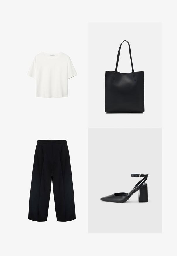 Bela kratka majica s kratkimi rokavi iz bombaža. Ima okroglo izrezovanje in sproščen kroj. Gladka tekstura brez vidnih vzorcev ali poudarkov.; Črne široke hlače iz tkanine, ki imajo visok pas in dve sprednji žepki. Gladka tekstura s čistimi linijami.; Črne usnjene klasične čevlje z ostrim nosom, z zaponko za gleženj in debelim peto. Ravna tekstura, eleganten dizajn in minimalistična estetika.; Črna usnjena torba s svilnato teksturo, pravokotne oblike in dvema dolgima ročajema. Brez vidnih metalnih delov ali okrasnih elementov.