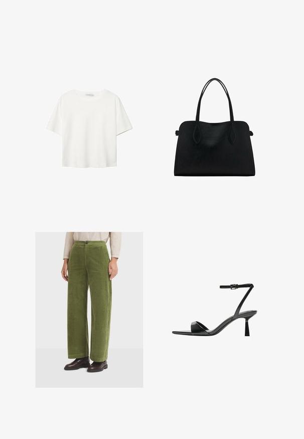 T-shirt bianco a maniche corte realizzato in cotone. Presenta un collo tondo e una vestibilità rilassata. Texture liscia senza motivi o dettagli visibili.; Pantaloni a gamba larga in corduroy verde con vita alta e tasche anteriori, caratterizzati da un unico bottone di chiusura e una superficie testurizzata a coste.; Bershka Sandali con tacco - black; Borsa a mano in pelle nera con doppio manico, forma rettangolare e design minimalista su sfondo bianco.