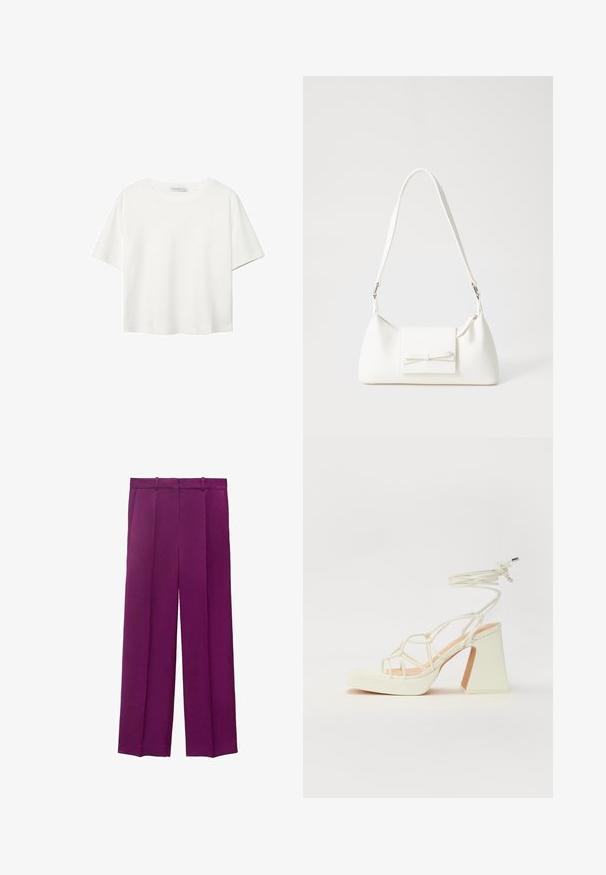 Biała koszulka z krótkim rękawem, wykonana z bawełny. Posiada okrągły dekolt i luźny krój. Gładka faktura bez widocznych wzorów czy akcentów.; Fioletowe spodnie o szerokich nogawkach, wykonane z gładkiego materiału, z dopasowanym pasem i dwoma plisami z przodu, które dodają struktury.; Biała sandał na wysokim obcasie z masywnym słupkiem, z paskowym wzorem i wiązaniem przy kostce. Gładka faktura z platformą z przodu dla dodatkowej wysokości.; Biała syntetyczna torba o trójkątnym kształcie, płaskim przednim klapce i detalach w postaci kokardy, regulowanym pasku, gładkiej fakturze oraz minimalistycznym designie.