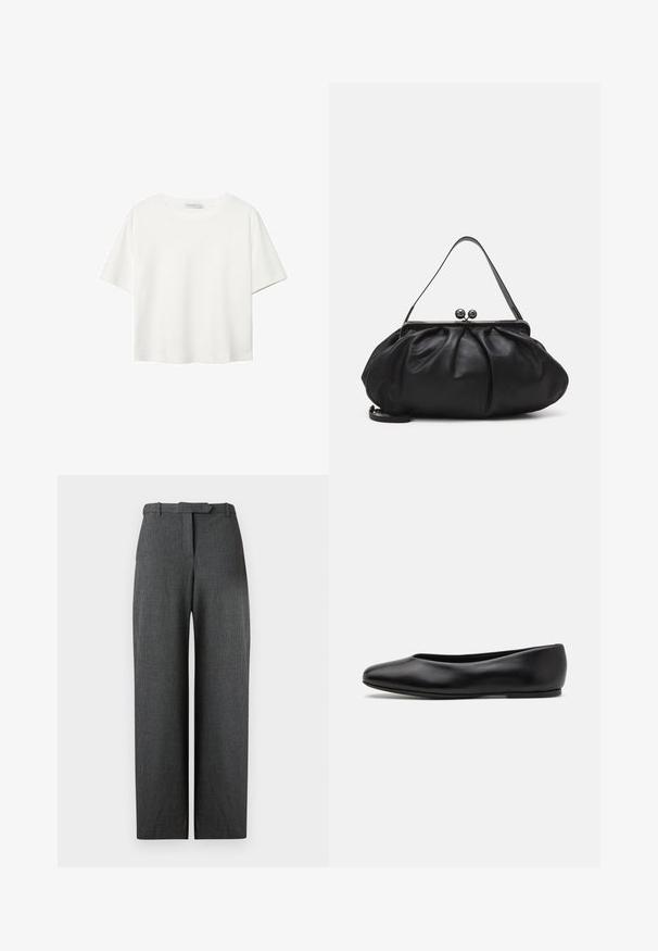 Biała koszulka z krótkim rękawem, wykonana z bawełny. Posiada okrągły dekolt i luźny krój. Gładka faktura bez widocznych wzorów czy akcentów.; Szare, teksturowane spodnie szerokie w nogawkach o dopasowanym kroju, z paskiem w pasie i kieszeniami bocznymi, wykonane z błyszczącego materiału.; Paul Smith TOPANGA czarny; Czarna skórzana torebka o zaokrąglonym, plisowanym wzorze. Posiada metalowy zamek z dwoma dekoracyjnymi kulkami oraz smukły, odpinany pasek.