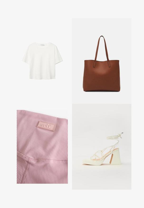 Biela krátkopsová tričko vyrobené z bavlny. Má okrúhly výstrih a voľný strih. Hladká textúra bez viditeľných vzorov alebo akcentov.; Svetloružové rebrované legíny s textúrovaným povrchom a obdĺžnikovou gumenou nášivkou s nápisom "self.".; Biele sandále na vysokom opätku s hrubým podpätkom, s pruhovaným dizajnom a viazaním na členku. Hladký povrch s platformou vpredu pre zvýšenú výšku.; Hnedá kožená taška na rameno s hladkou textúrou, otvoreným vrchom a dvoma ramenými popruhmi. Má minimálne šitia a žiadne viditeľné kovania.
