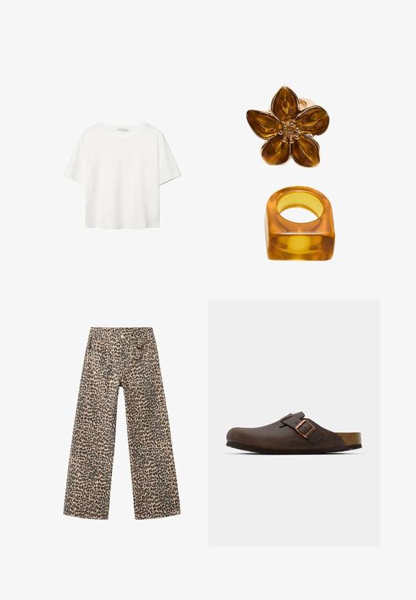 White short-sleeve t-shirt made of cotton. Features a crew neckline and a relaxed fit. Smooth texture with no visible patterns or accents.; Wide-leg pants made of denim in a tan fabric with a black leopard print pattern; features five pockets and front button closure.; Brown leather clog with a wide strap and a copper buckle, featuring a textured cork footbed and a thick black rubber sole.; Amber-colored flower ring featuring a glossy finish with a round center, alongside a matching square-shaped amber band.