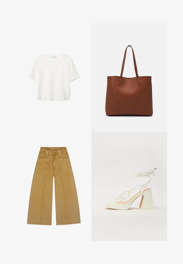 T-shirt blanc à manches courtes en coton. Doté d'un col ras du cou et d'une coupe décontractée. Texture lisse sans motifs ni accents visibles.; Pantalons à jambes larges dans une couleur jaune moutarde clair, en denim avec une texture lisse. Comprend deux poches avant et une fermeture à bouton.; Sandale blanche à talons hauts avec un talon épais, présentant un design à lanières et un lien autour de la cheville. Texture lisse avec une plateforme à l'avant pour une hauteur supplémentaire.; Sac fourre-tout en cuir marron avec une texture lisse, design à ouverture supérieure et deux poignées pour le porter à l'épaule. Présente des coutures minimales et aucun matériel visible.