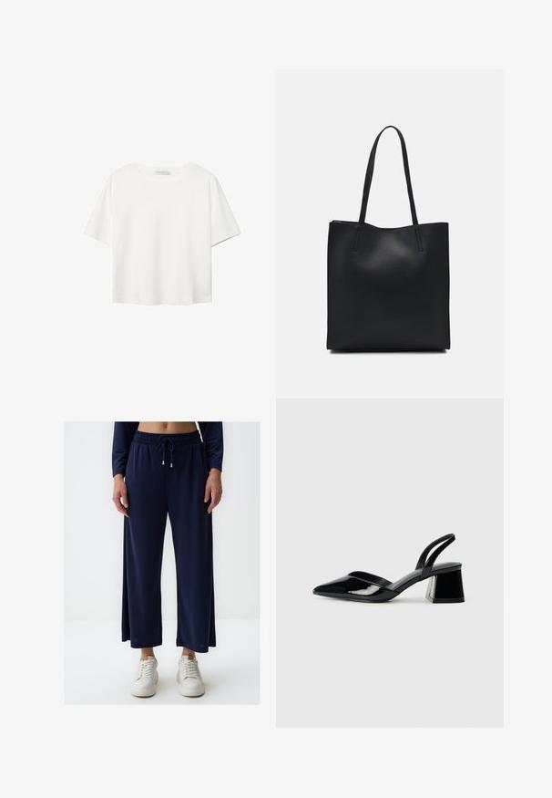 Weißes T-Shirt mit kurzen Ärmeln aus Baumwolle. Hat einen Rundhalsausschnitt und eine lockere Passform. Glatte Textur ohne sichtbare Muster oder Akzente.; Marineblaue weit geschnittene Hose aus einem glatten, leichten Stoff mit einem elastischen Bund und Kordelzug. Kombiniert mit weißen Sneakers.; Schwarze Lackleder-Slingback-High Heels mit spitzem Schuh und einem geometrischen Blockabsatz. Verfügt über ein schlankes, minimalistisches Design und eine glatte Textur.; Schwarze Laptoptasche aus Leder mit glatter Textur, rechteckiger Form und zwei langen Griffen. Keine sichtbaren Beschläge oder Verzierungen.