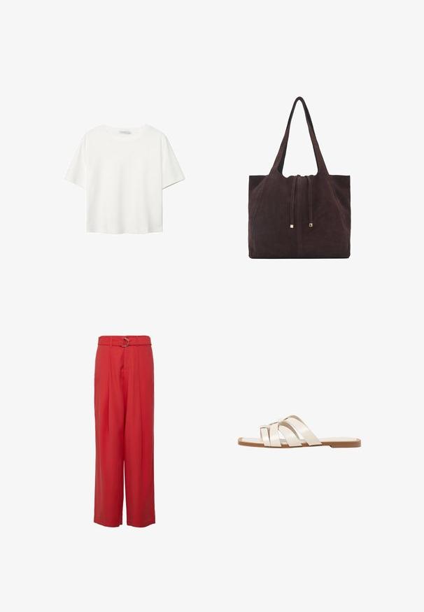 Valkoinen lyhythihainen T-paita, joka on tehty puuvillasta. Siinä on pyöreä kaula-aukko ja rento malli. Silkkinen pinta ilman näkyviä kuvioita tai koristeita.; Punat levele hlače crvene boje, izrađene od lagane tkanine, koje imaju visoki struk s remenom i srebrnim detaljima, te prednje nabore.; Tason vaaleanruskealla kumipohjalla, jossa on kolme päällekkäistä valkoista nahkaremmiä ja pieni satiininen rusetti keskellä.; Mango Shopping bag - dark brown