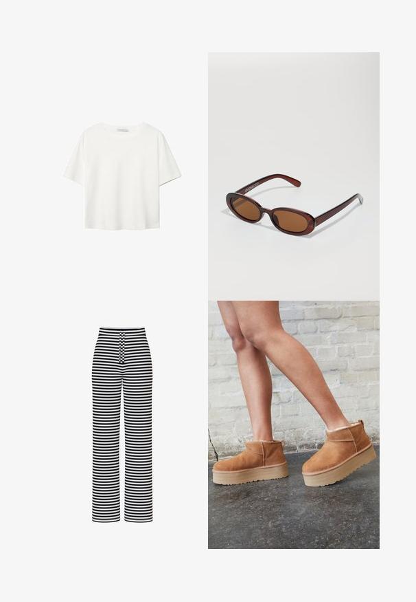 Vit t-shirt med kort ärm i bomull. Har en rundad halsringning och en avslappnad passform. Slät textur utan synliga mönster eller detaljer.; Pieces PCLAYA MW WIDE - Tygbyxor - bright white; Bruna mocka ankelskor med en fluffig foder, tjock beige plattformssula och en dragflik bak. Texturerad yta med synliga sömdetaljer.; Runda, bruntonade solglasögon med en glansig bordeauxfärgad ram. Smala bågar med subtilt varumärkesdetalj. Platt linsdesign.; Brun vävd läderhandväska med en slapp, triangulär form. Har ett flätat handtag och en dragkedjestängning längs toppen.