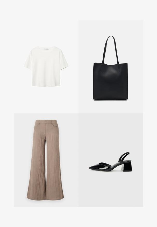 T-shirt blanc à manches courtes en coton. Doté d'un col ras du cou et d'une coupe décontractée. Texture lisse sans motifs ni accents visibles.; Pantalon large beige clair avec une finition texturée, présentant une taille haute, des poches avant et une silhouette fluide et ample.; Escarpins en cuir verni noir avec bout pointu et talon bloc géométrique. Présente un design élégant et minimaliste ainsi qu'une texture lisse.; Sac fourre-tout en cuir noir avec une texture lisse, de forme rectangulaire et deux longues poignées. Pas de matériel ou d'ornementations visibles.
