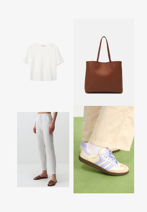 Witte korte mouwen t-shirt van katoen. Heeft een ronde halslijn en een ontspannen pasvorm. Glad textuur zonder zichtbare patronen of accenten.; Witte linnen broek met een elastische tailleband, voorzien van zakken en een comfortabele pasvorm. Gecombineerd met bruine sandalen met bandjes. Gladde textuur.; Crème- en lavendel-sneakers met drie strepen en een gestructureerde bruine zool, voorzien van veters en een gewatteerde hiel. Zachte stoffen bovenkant.; Bruine leren tote bag met een gladde textuur, een ontwerp met een open bovenkant en twee schouderbanden. Kenmerkt zich door minimale stiksels en geen zichtbare hardware.