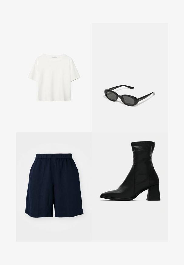 Bílý krátký rukáv tričko vyrobené z bavlny. Má kulatý výstřih a volný střih. Hladký materiál bez viditelných vzorů nebo akcentů.; Námořnické modré šortky s elastickým pasem, vyrobené z lehkého materiálu. Mají volný střih a boční kapsy pro praktičnost.; Černé kotníkové boty s špičatou špičkou, vyrobené z hladké kůže. Obsahují blokový podpatek a přiléhavý svršek, s viditelnými švy.; Černé sluneční brýle s oválnými objektivy, lesklý plastový rám a štíhlé nožičky. Na boku se nachází bílé logo Ray-Ban.