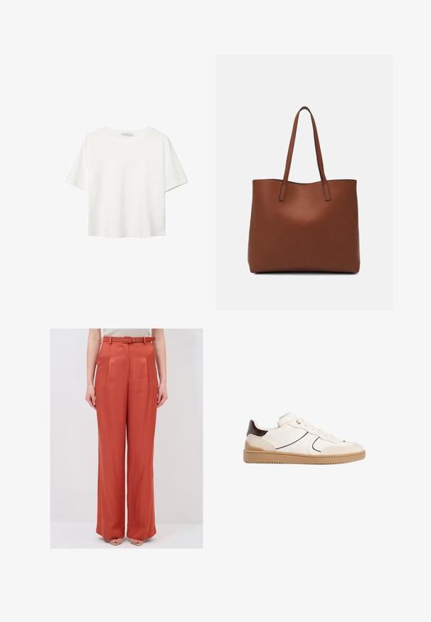 Bílý krátký rukáv tričko vyrobené z bavlny. Má kulatý výstřih a volný střih. Hladký materiál bez viditelných vzorů nebo akcentů.; Kalhoty s širokými nohavicemi v barvě rezavě oranžové, vyrobené z hladkého materiálu, s přiléhavým páskem a odpovídajícím opaskem s kovovými akcenty.; Stradivarius Tenisky - white; Hnědá kožená taška přes rameno s hladkou texturou, otevřeným designem a dvěma ramenními popruhy. Obsahuje minimální švy a žádné viditelné kovové prvky.