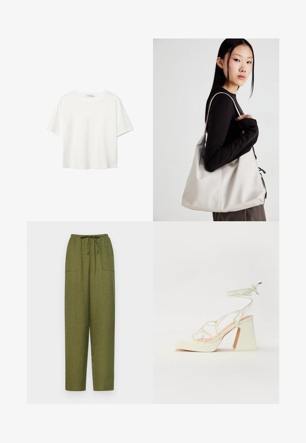 T-shirt bianco a maniche corte realizzato in cotone. Presenta un collo tondo e una vestibilità rilassata. Texture liscia senza motivi o dettagli visibili.; Pantaloni verde oliva, comodi e larghi, realizzati in tessuto testurizzato, con una fascia elastica in vita dotata di cordoncino e due tasche laterali.; Sandalo bianco con tacco alto, caratterizzato da un design a cinturini e un legaccio alla caviglia. Texture liscia con una piattaforma frontale per un'altezza aggiuntiva.; Borsa a mano beige realizzata in materiale morbido, caratterizzata da un design morbido, dettagli cuciti e due manici. Adatta per l'uso quotidiano.