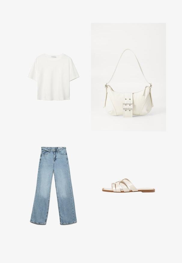 Bela kratka majica s kratkimi rokavi iz bombaža. Ima okroglo izrezovanje in sproščen kroj. Gladka tekstura brez vidnih vzorcev ali poudarkov.; Svetlo modri široki jeans, narejeni iz denima, z značilno pet-pocket zasnovo in ravnim krojem z minimalnim bledenjem na nogah.; Ravne sandale s svetlo rjavim gumijastim podplatom, zasnovane s tremi prekrivajočimi se belimi usnjenimi trakovi in majhnim lokom na sredini.; Bela torbica za rame z teksturirano površino, osrednjo sponko in ukrivljenim oblikovanjem. Zadrge na obeh straneh.