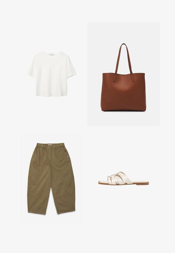 Valkoinen lyhythihainen T-paita, joka on tehty puuvillasta. Siinä on pyöreä kaula-aukko ja rento malli. Silkkinen pinta ilman näkyviä kuvioita tai koristeita.; Khaki puuvillahousut, joissa on joustava vyötärö, sivutaskut ja ommellut paneelit. Reilu malli suoran lahkeen designilla.; Tason vaaleanruskealla kumipohjalla, jossa on kolme päällekkäistä valkoista nahkaremmiä ja pieni satiininen rusetti keskellä.; Ruskea nahkainen olkalaukku, jossa on sileä pinta, avoin yläosa ja kaksi olkahihnaa. Omaavat vain minimaalisen ompelun eikä näkyvää metalliosaa.