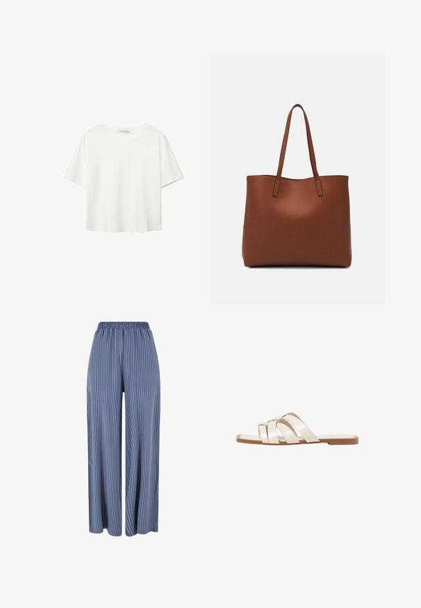 Bílý krátký rukáv tričko vyrobené z bavlny. Má kulatý výstřih a volný střih. Hladký materiál bez viditelných vzorů nebo akcentů.; Modré kalhoty s širokými nohavicemi a bílými vertikálními pruhy, se šňůrkovým pasem, vystavené na bílém pozadí.; Ploché sandály s hnědou gumovou podrážkou, navržené se třemi překrývajícími se bílými koženými řemínky a malým mašlí uprostřed.; Hnědá kožená taška přes rameno s hladkou texturou, otevřeným designem a dvěma ramenními popruhy. Obsahuje minimální švy a žádné viditelné kovové prvky.