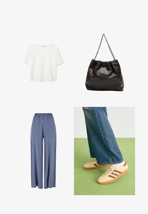 Bijela majica kratkih rukava od pamuka. Ima okrugli izrez i opušteni kroj. Glatka tekstura bez vidljivih uzoraka ili naglasaka.; Plave široke hlače s bijelim vertikalnim prugama i elastičnim pojasom, prikazane na bijeloj pozadini.; Bež tenisice s teksturiranim kremastim panelima i smeškim prugama, u kombinaciji s plavim trapericama. Traperice imaju široke nogavice i poderane rubove.; Smeđa kožna torba s naboranim vrhom i lančićem za nošenje. Glatka tekstura s sjajnim završetkom i suptilnim šavnim detaljima sa strane.