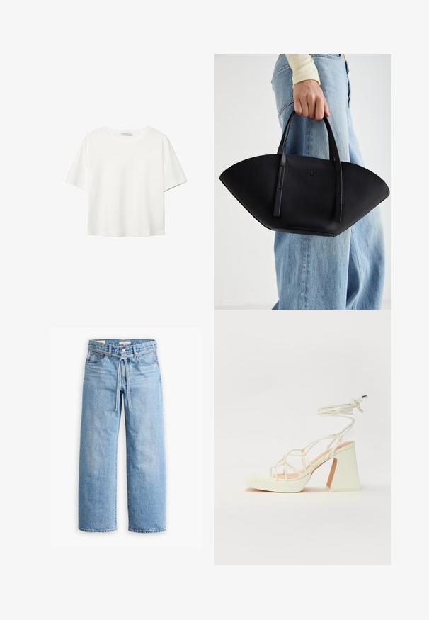 Valkoinen lyhythihainen T-paita, joka on tehty puuvillasta. Siinä on pyöreä kaula-aukko ja rento malli. Silkkinen pinta ilman näkyviä kuvioita tai koristeita.; Vaaleansiniset farkut leveillä lahkeilla, joissa on korkea vyötärö, nappi- ja vetoketjukiinnitys sekä narutasku vyötäröllä. Raaka helma.; Valkoinen korkokenkä, jossa on paksu korko, ja joka sisältää nauhakiinnityksen ja nilkkaketjun. Sujuva pinta, jossa on platform-etupohja lisäkorkeutta varten.; Musta nahkainen käsilaukku, jossa on ainutlaatuinen tuulihattukuvio, jossa on litteät kahvat. Pinnassa on karkeapintainen rakenne ja minimalistinen muotoilu.