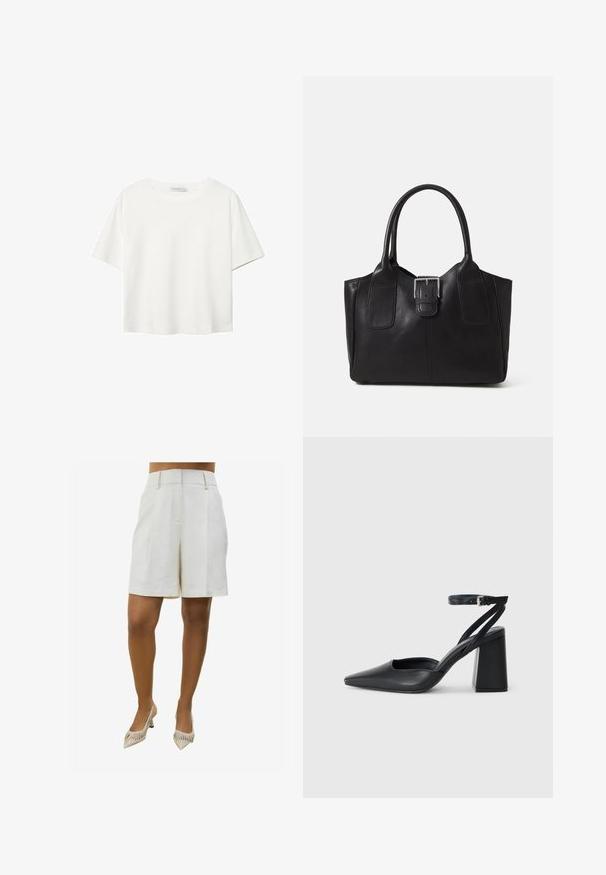T-shirt blanc à manches courtes en coton. Doté d'un col ras du cou et d'une coupe décontractée. Texture lisse sans motifs ni accents visibles.; Shorts en lin beige au design ajusté, avec deux plis à l'avant et des poches latérales. Assortis à des chaussures à talons hauts rayées avec un bout pointu.; Escarpin noir en cuir à bout pointu avec une bride de cheville et un talon épais. Texture lisse, design élégant et esthétique minimaliste.; Sac fourre-tout en cuir noir avec une texture lisse, une forme structurée, deux poignées et un détail en boucle argentée proéminent à l'avant.
