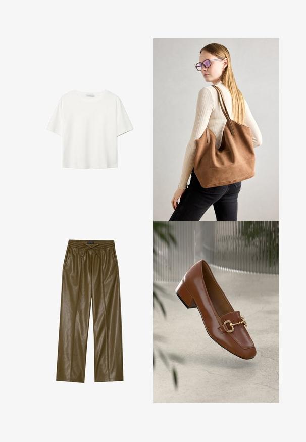 Bela kratka majica s kratkimi rokavi iz bombaža. Ima okroglo izrezovanje in sproščen kroj. Gladka tekstura brez vidnih vzorcev ali poudarkov.; Olivno zeleni faux usnjeni hlače širokih nogavic z elastičnim pasom in nastavljivo vrvico. Ima dve stranski žepi in gladko teksturo.; Rjavi lakirani loafer z kvadratnim nosom, kovinsko verigo kot okrasom in nizko blok podplatom; gladka tekstura, minimalističen dizajn.; Rjava semišna torba z mehko teksturo, velikim odprtjem in dolgimi ročaji. Ima preprost dizajn z vidnim šivanjem in brez okovja.