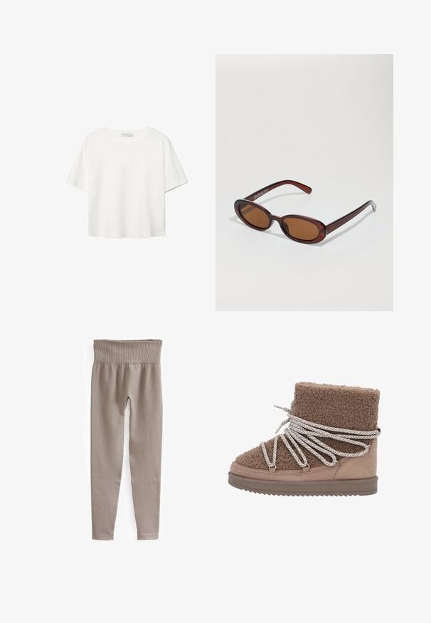 T-shirt blanc à manches courtes en coton. Doté d'un col ras du cou et d'une coupe décontractée. Texture lisse sans motifs ni accents visibles.; Leggings beige à côtes avec une large ceinture, des jambes fuselées et une texture lisse, conçues pour le confort et la flexibilité.; Bottine chelsea en shearling brun avec un dessus texturé et un panneau en suède lisse contrastant. Présente un laçage large et motif, ainsi qu'une semelle plate.; Lunettes de soleil rondes teinte brun avec une monture bordeaux brillante. Branches fines avec un détail de marque subtil. Design de verres plats.; Samsøe Samsøe NOR - Écharpe - grey melange