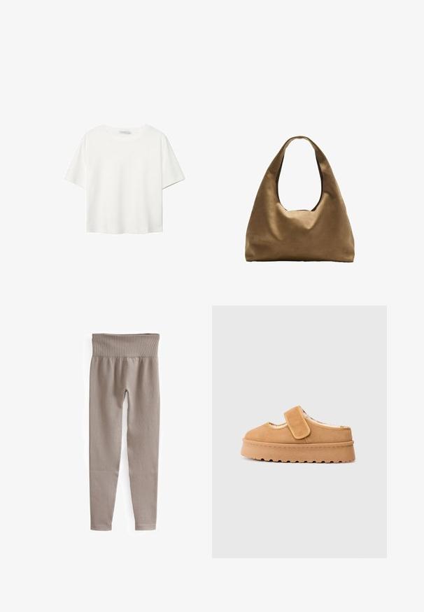 Weißes T-Shirt mit kurzen Ärmeln aus Baumwolle. Hat einen Rundhalsausschnitt und eine lockere Passform. Glatte Textur ohne sichtbare Muster oder Akzente.; Beige Ripps leggings mit einem breiten Bund, schmal zulaufenden Beinen und einer glatten Textur, die für Komfort und Flexibilität ausgelegt sind.; Braune Wildleder-Slipper mit einem Klettverschlussriemen, runder Zehenpartie und dicker Plateausohle mit strukturiertem Gummi-Profil.; Braune Stoffschultertasche mit einem breiten, runden Körper und einem großen Ausschnittgriff. Sanfte Textur, minimalistisches Design und keine sichtbaren Beschläge.