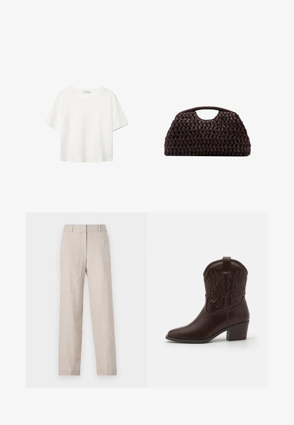 T-shirt bianco a maniche corte realizzato in cotone. Presenta un collo tondo e una vestibilità rilassata. Texture liscia senza motivi o dettagli visibili.; Pantaloni di lino beige con design a gamba dritta, vita alta e texture sottile. Nessuna tasca visibile o decorazioni.; Stivali da cowboy in pelle marrone con punta affusolata, motivi a ali in rilievo, tacco a blocco di media altezza e linguetta sul retro.; Borsa a tracolla intrecciata marrone con silhouette arrotondata, dotata di manico superiore e superficie testurizzata. Design compatto con base piatta per maggiore stabilità.