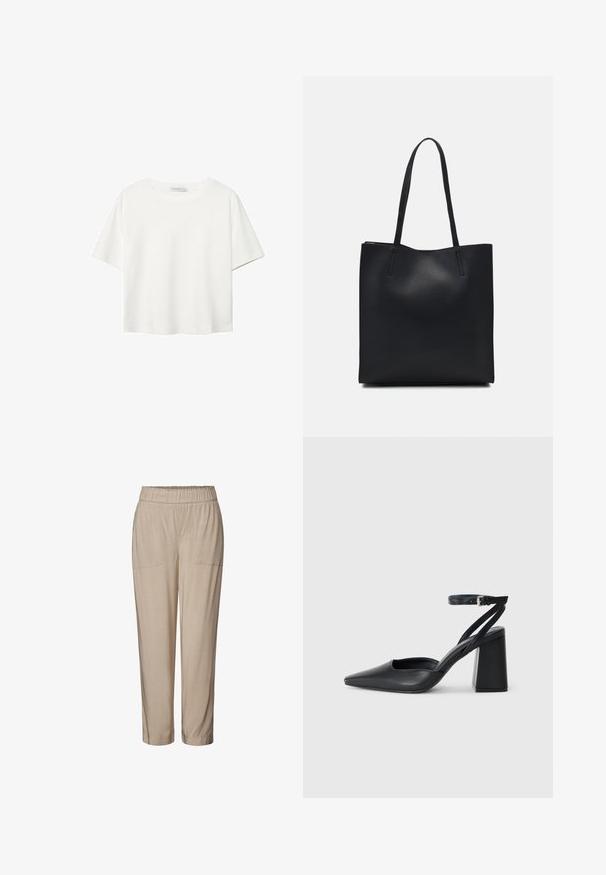 Biała koszulka z krótkim rękawem, wykonana z bawełny. Posiada okrągły dekolt i luźny krój. Gładka faktura bez widocznych wzorów czy akcentów.; Beżowe spodnie z elastycznym pasem, z dwoma przednimi kieszeniami, zwężanym krojem nogawek i gładką fakturą. Idealne do codziennych lub luźnych stylizacji.; Czarne skórzane czółenka z ostrym noskiem, z paskiem na kostce i grubym obcasem. Gładka faktura, elegancki design i minimalistyczna estetyka.; Czarna skórzana torba tote o gładkiej fakturze, prostokątnym kształcie i dwóch długich uchwytach. Brak widocznych elementów metalowych i ozdób.