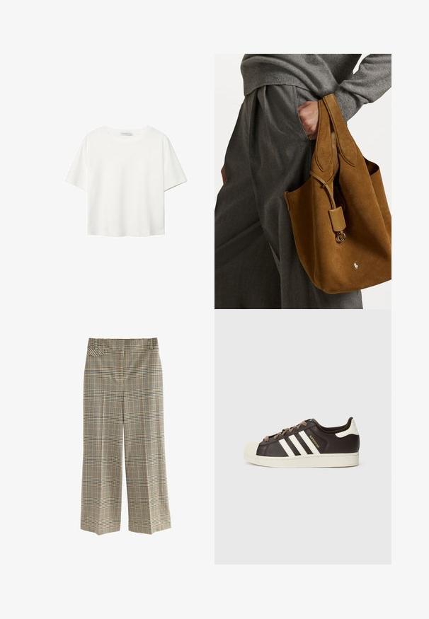 White short-sleeve t-shirt made of cotton. Features a crew neckline and a relaxed fit. Smooth texture with no visible patterns or accents.; Checkered wide-leg trousers made of woven fabric. Features a waistband, side pocket, and a pattern of brown, blue, and cream squares.; Low-top Adidas Superstar sneaker in dark brown leather with cream shell toe, white stripes, and "Superstar" text on the side.; Brown suede tote bag with rounded shape, dual handles, and a metal hardware accent. Features a small logo on the front.
