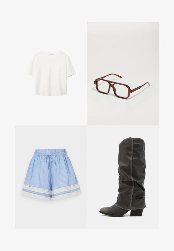 Bílý krátký rukáv tričko vyrobené z bavlny. Má kulatý výstřih a volný střih. Hladký materiál bez viditelných vzorů nebo akcentů.; Světle modré pruhované šortky z měkké látky, s krajkovým lemem na spodním okraji, elastickým pasem se šňůrkou a uvolněným střihem.; Šedé kožené vysoké boty po lýtka s volným designem, špičatou špičkou a vyvýšeným podpatkem. Výrazné prošívání v oblasti špičky.; Hnědé transparentní oversized brýle s obdélníkovými skly a štíhlými rámky. Šikmé, mírně zaoblené rohy a viditelné kovové detaily.