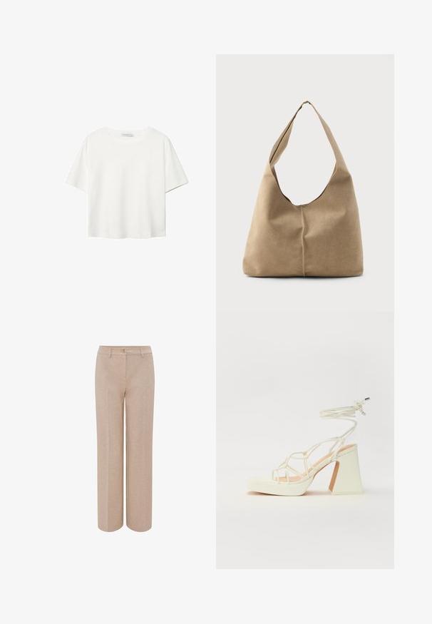 Witte korte mouwen t-shirt van katoen. Heeft een ronde halslijn en een ontspannen pasvorm. Glad textuur zonder zichtbare patronen of accenten.; Beige wijde broek gemaakt van zachte stof, met een knoopsluiting en platte voorzakken. Eenvoudig ontwerp zonder zichtbare patronen.; Witte hoge hakken sandaal met een chunky hak, met een bandjesontwerp en enkelband. Gladde textuur met een plateau voor extra hoogte.; Hobo tas in zacht beige suede met een slungelige vorm, brede schouderband en een handgestikte naad langs de voorkant.